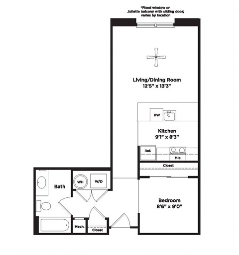 Floor plan for studio, 1 bath, 566 sqft